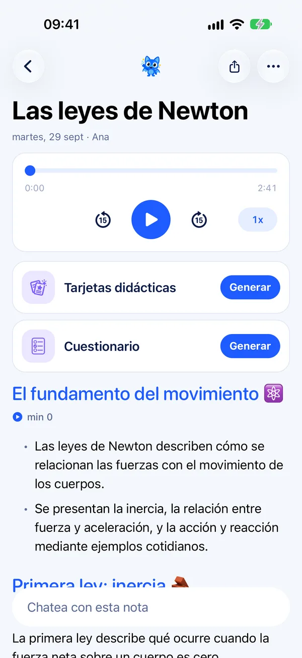 Una nota de NoteBat con el reproductor del audio, las filas de tarjetas didácticas y cuestionario y el principio de los apuntes